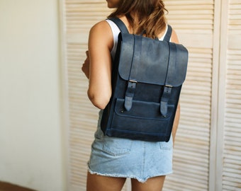 Personalized blue leather backpack with front pocket for women