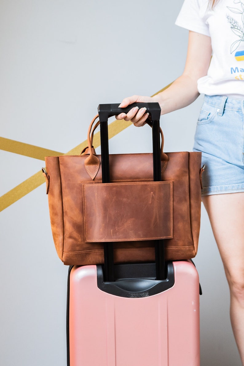 Leather Tote With Trolley Sleeve Leather Bag With Luggage Etsy