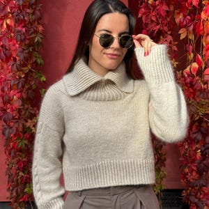 May include: A light beige, cropped sweater with a wide collar and cable knit detailing on the sleeves. The sweater is paired with high-waisted, pleated brown trousers. The background features red foliage against a red wall.
