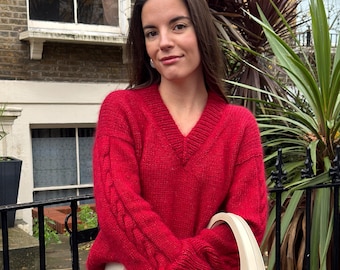 Patrón de tejido de jersey de cuello en V con cable para mujer de arriba a abajo + Herramienta de tejido gratuita