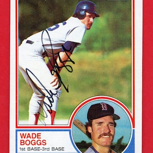 Autographed 1983 Topps Red Sox: Wade Boggs rookie (MLB Hall of Fame), Tony Perez (MLB Hall of Fame), and Reid Nichols