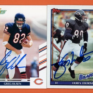 May include: Two football trading cards featuring Chicago Bears players. One card shows Greg Olsen in a navy blue uniform with the number 82. The other card features James Thornton in a similar uniform with the number 90.