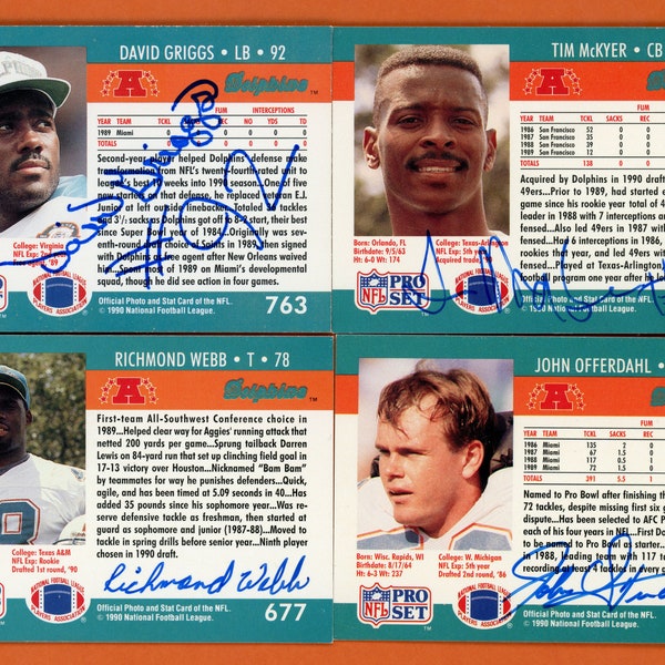 Autographed 1990 ProSet Miami Dolphins: David Griggs (deceased), Richmond Webb, Tim McKyer, John Offerdahl