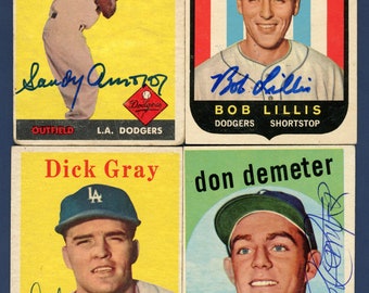 Tarjetas autografiadas de los Dodgers de Los Ángeles de Topps de 1958-59: Amoros, Gray, Lillis, Demeter