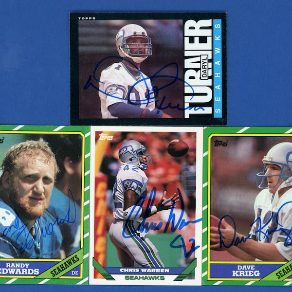 Vintage Autographed, Signed Seattle Seahawks cards: Chris Warren, Dave Krieg, Daryl Turner, Randy Edwards