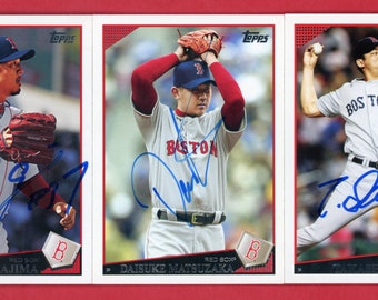 Gesigneerde 2009 Topps Boston Red Sox werpers: Daisuke Matsuzaka, Hideki Okajima, Takashi Saito