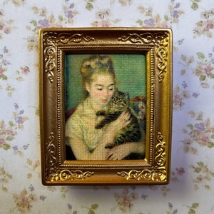 Dollhouse Miniature Picture Print in Gold Frame  Woman with a Cat 1875 Pierre-Auguste Renoir Framed print of Painting