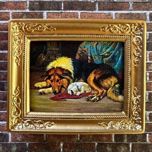 Dollhouse Miniature Picture No Walk Today by Wright Barker 1898 Framed Painting Print on canvas 1:12 Collie dog and puppy