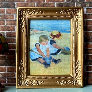Dollhouse Miniature Picture Print Children Playing on the Beach by Cassatt Painting Print on Canvas in gold frame 1:12