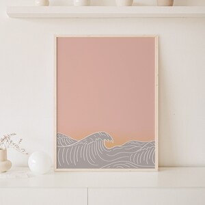 Boho Ocean Print, Wave Line Art, Modern Beach Style, Blush Pink Aesthetic, Coastal House Decor, Seaside Digital Download