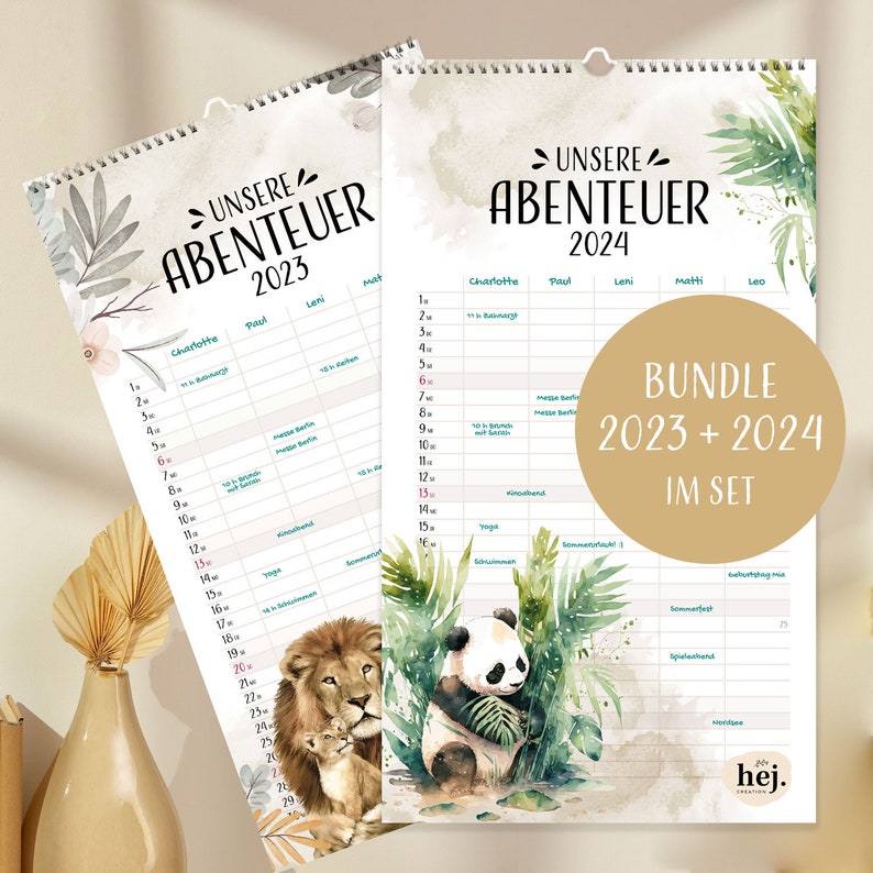 Familienplaner 2024 Unsere Abenteuer Familienkalender 2024 mit 5 Spalten im Aquarell Design // HEJ.CREATION Bundle 2023+2024