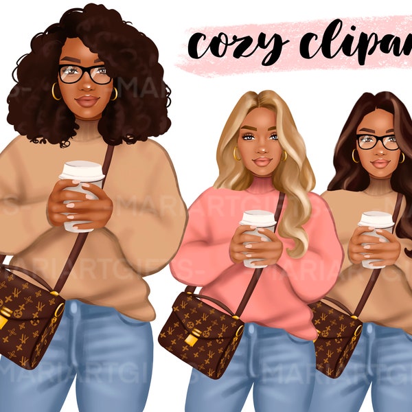 Autumn clipart, fall clipart, winter clipart, coffee clipart, fashion clipart, african american, afro woman clipart, scrapbook clipart,
