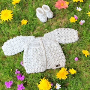Crochet Baby Cardigan & Booties Set: Handmade White Acrylic, 3-Month Size