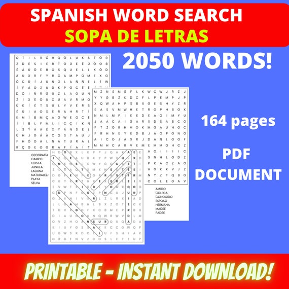 Word Search Puzzle Spanish Printable DIGITAL DOWNLOAD | Etsy