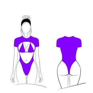 May include: Line drawing of a swimsuit with a purple bodice and a cut-out detail. The swimsuit has short sleeves and a high leg cut. The swimsuit is shown from the front and back.