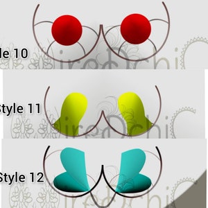 May include: Three different styles of bra cups are shown. The first style has two red circles, the second style has two yellow teardrop shapes, and the third style has two blue teardrop shapes.
