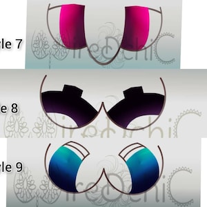 May include: Three different styles of cartoon eyes. The first pair is pink, the second pair is black, and the third pair is blue.