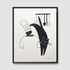 Le Chat Gourmand – Gatto nero e chef con cravatta verde, carta da stampa originale firmata Hand-Pulled