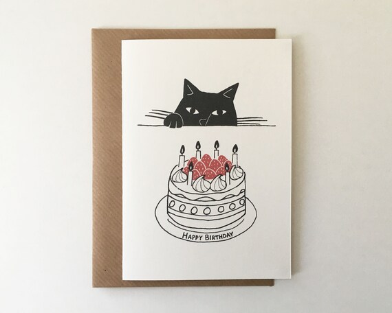 Le Chat Gourmand With Birthday Cake Greetings Card Blank Etsy