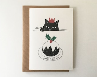 Le Chat Gourmand with Christmas pudding – Black cat Christmas card (blank inside)