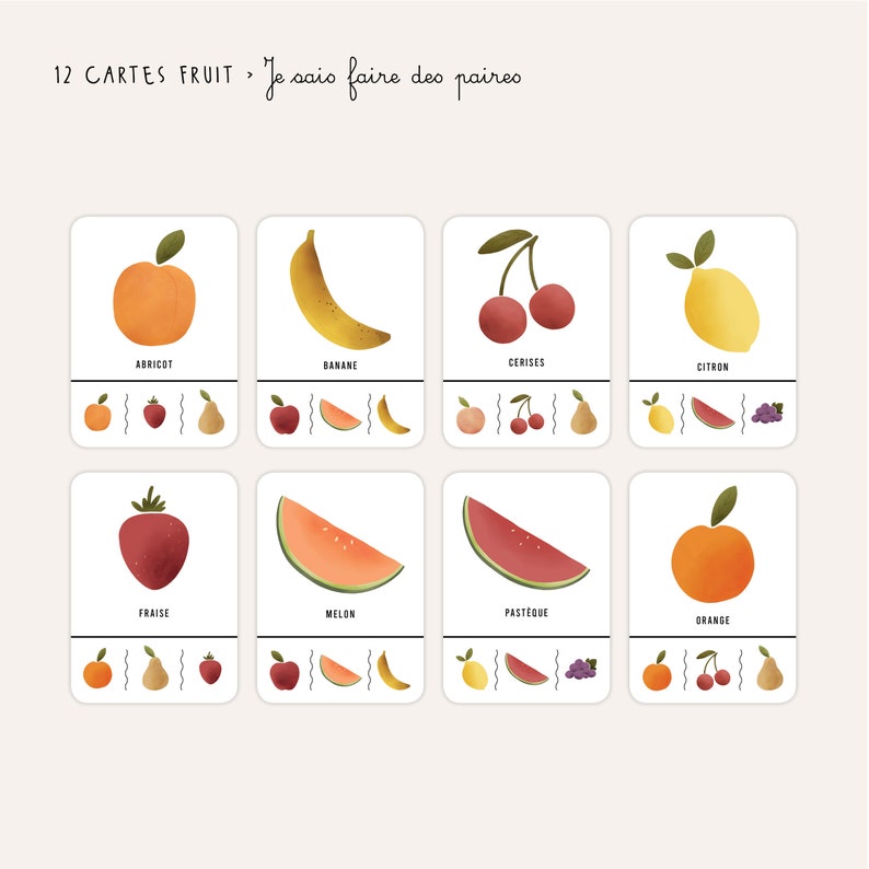 Clip cards Fruits pair, color and number games Montessori playing card, counting child printable, digital image 4