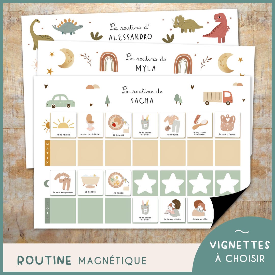 Routine magnétique Montessori pour enfant - Matin et soir - routine personnalisée prénom, vignettes au choix - pour frigo, tableau blanc - Etsy France