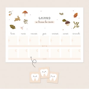 Tabla de motivación del cepillado de dientes Montessori para niños - tabla personalizada con nombre, autonomía y desarrollo - tema de otoño