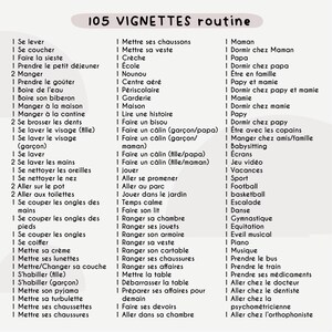 May include: A list of 105 daily routine vignettes in French, with titles like "Get up," "Eat," and "Go to school." The text is in black on a cream background, with a decorative banner at the top.