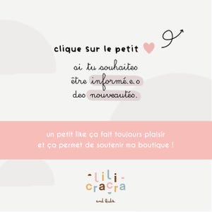 May include: A graphic with text in French, including "clique sur le petit" and "un petit like &ccedil;a fait toujours plaisir." The logo for "lili-cracra and kids" is at the bottom. The design features a pink heart and a pink banner.