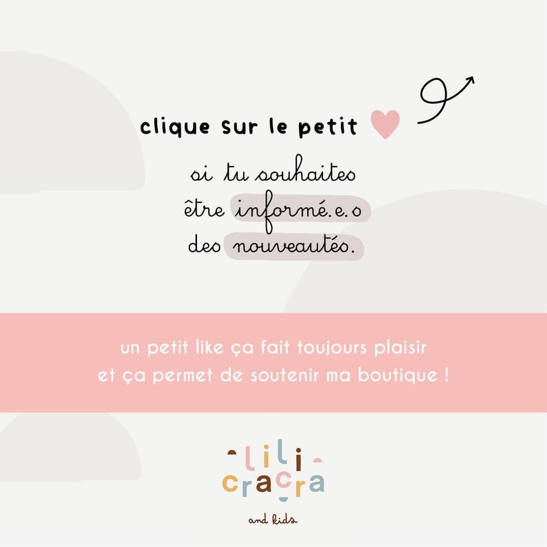 May include: A graphic with text in French, including "clique sur le petit" and "un petit like &ccedil;a fait toujours plaisir." The logo for "lili-cracra and kids" is at the bottom. The design features a pink heart and a pink banner.