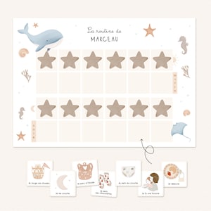 Montessori daily routine for children - Morning and evening - personalized routine with first name, stickers of your choice - seabed theme