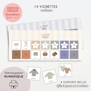Peut inclure: Ensemble de cartes illustrées avec des vêtements pour enfants, comprenant un manteau, une chemise et des chaussures. Les cartes affichent les textes "je m'habille SEUL" et "je m'habille SEULE". L'image contient également le texte "Téléchargement NUMÉRIQUE".
