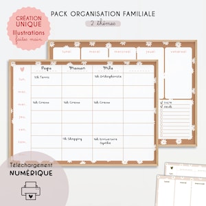 May include: A family organisation pack with two themes. The pack includes a weekly planner with spaces for each day and a checklist. The planner has a light brown wooden frame with daisy accents and text in French.