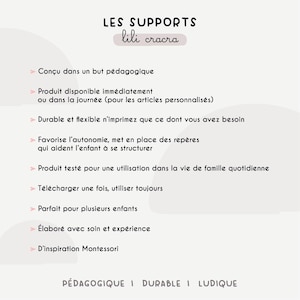 May include: White background with the text "LES SUPPORTS lili cracra" in black. Bullet points describe the product's features, including pedagogical design, immediate availability, and durability. The bottom text reads "P&Eacute;DAGOGIQUE I DURABLE I LUDIQUE."