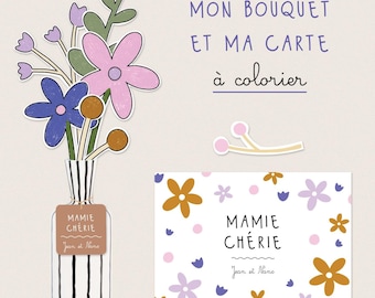 Bouquet de fleurs et carte à colorier personnalisés - activité manuelle enfant, DIY, fête, anniversaire, mamie, nounou, maman, grand mère