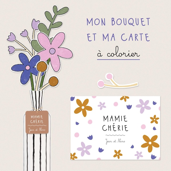 Bouquet de fleurs et carte à colorier personnalisés - activité manuelle enfant, DIY, fête, anniversaire, mamie, nounou, maman, grand mère