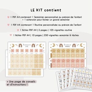 May include: A kit containing personalized weekly and daily routine charts for children. The kit includes printable PDF files with weekly planners, daily routines, and task cards. The design features soft colors and illustrations of moons, stars, and rainbows.