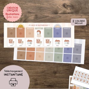 Könnte beinhalten: Ein druckbarer Wochenplan mit dem Text "JE VAIS OU AUJOURD'HUI?" und den Wochentagen auf Französisch. Das Design enthält Illustrationen von Sonne, Regenbogen, Häusern und einem Kind. Die Worte "CRÉATION UNIQUE Illustrations faites main" sind ebenfalls sichtbar.