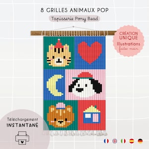 May include: A pony bead tapestry wall hanging featuring a grid of six pixelated designs including a tiger, a red heart, a yellow crescent moon, a dog with a cap, a lion, and a house. The text reads 8 GRILLES ANIMAUX POP, Tapisserie Pony Bead, CRÉATION UNIQUE Illustrations faites main, and Téléchargement INSTANTANÉ.