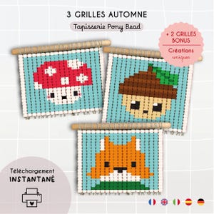 May include: Three square pony bead tapestries featuring pixelated designs of a red mushroom, a brown acorn with a green leaf, and an orange fox. Each piece is suspended from a light wooden dowel with grey yarn. Text includes 3 GRILLES AUTOMNE.