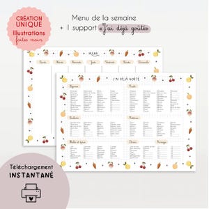 Peut inclure: Deux planificateurs de menus hebdomadaires imprimables avec des illustrations de fruits et légumes. Le texte comprend "Menu de la semaine" et "J'ai déjà goûté". La conception présente une mise en page en grille.