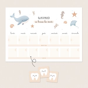 Cuadro de motivación para el cepillado de dientes Montessori para niños: cuadro personalizado con nombre, autonomía y desarrollo - temática marina