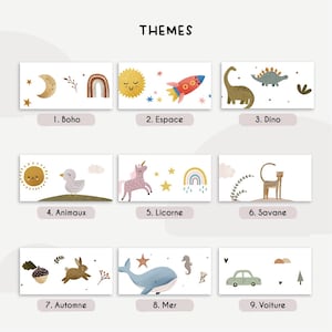 May include: Nine rectangular art prints with various themes, including Boho, Space, Dino, Animals, Unicorn, Savanna, Autumn, Sea, and Car. Each print features illustrations and the theme's name.