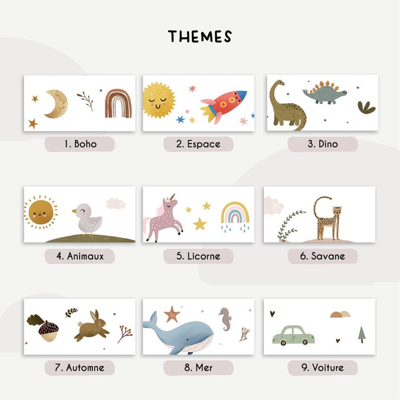 May include: Nine rectangular art prints with various themes, including Boho, Space, Dino, Animals, Unicorn, Savanna, Autumn, Sea, and Car. Each print features illustrations and the theme's name.