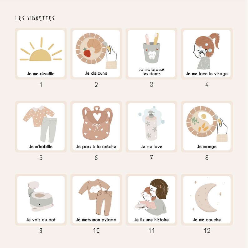 Routine journalière Montessori pour enfant Matin et soir routine personnalisée avec prénom, vignettes au choix thème boho image 4