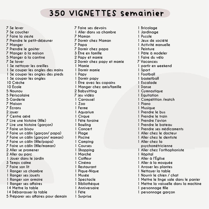 May include: A white paper with the title "350 VIGNETTES semainier" in black text. The paper is divided into three columns, each listing various activities and tasks, such as "Se lever" and "Manger".