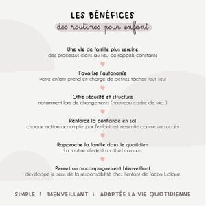 May include: A light pink and white infographic with the title "LES B&Eacute;N&Eacute;FICES des routines pour enfant". The text describes the benefits of routines for children, including family life, autonomy, security, and confidence. The bottom of the image says "SIMPLE I BIENVEILLANT I ADAPT&Eacute;E LA VIE QUOTIDIENNE".