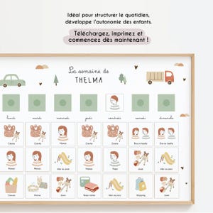 May include: A framed weekly schedule for a child, featuring illustrations of a car, truck, and various activities. The schedule includes the text "La semaine de THELMA" and days of the week in French. The design incorporates soft colors and simple graphics.
