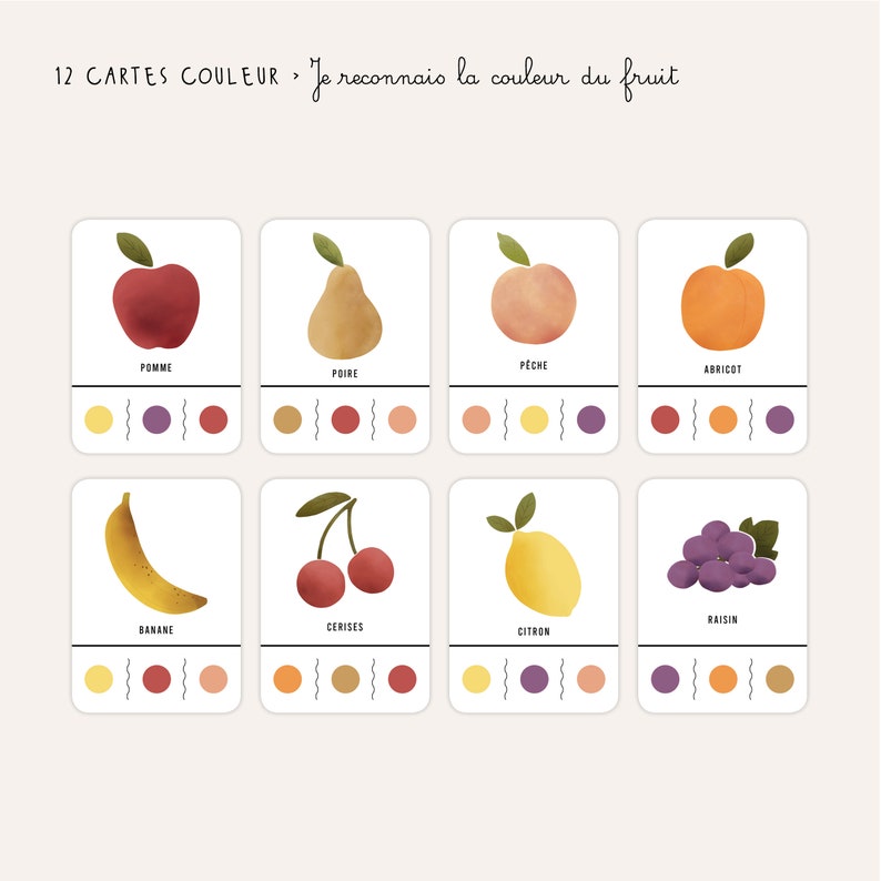 Clip cards Fruits pair, color and number games Montessori playing card, counting child printable, digital image 5