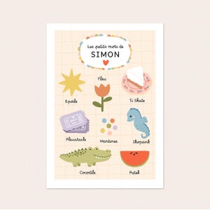 Peut inclure: Une affiche rectangulaire sur fond quadrillé pêche clair avec le texte Les petits mots de SIMON. Elle présente des illustrations colorées d'une étoile jaune, une fleur orange, une part de gâteau, des tickets violets, des points, un hippocampe bleu, un crocodile vert et une tranche de pastèque avec des étiquettes.